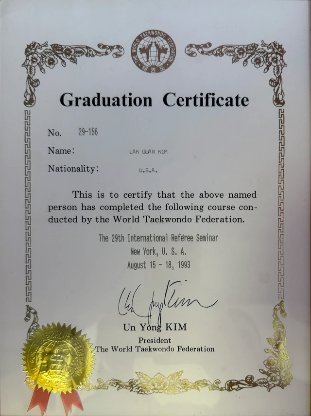 Original World Taekwondo Federation graduation certificate for Lak Gwan Kim, 29th International Referee Seminar in New York, August 15–18, 1993